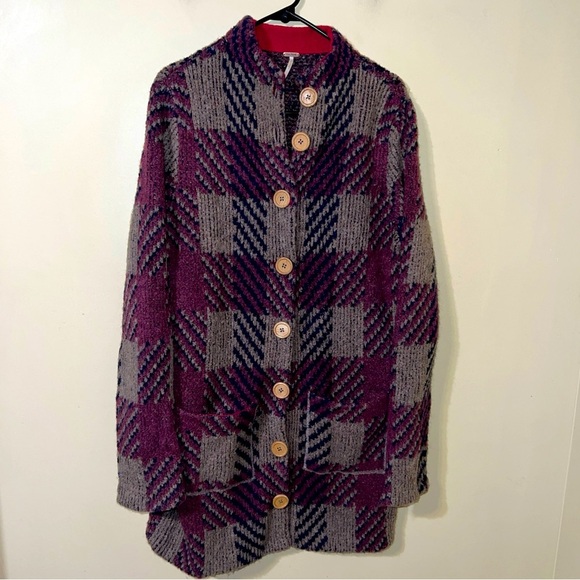 Free People Polly Magoo Purple Plaid Wool Jacket Large - Picture 1 of 7